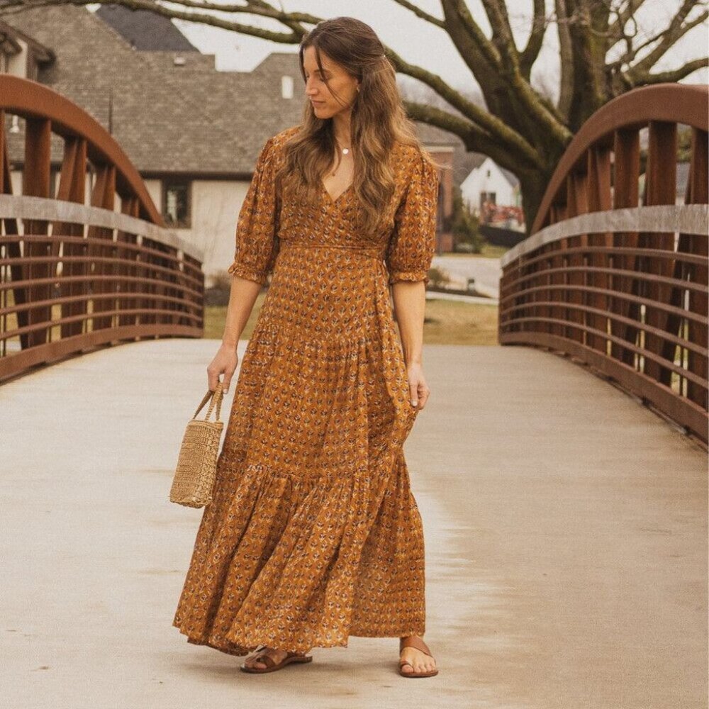 Daughters of India - Zuri Short Sleeve Midi/Maxi Wrap Dress (Tan Brown Gold - S)